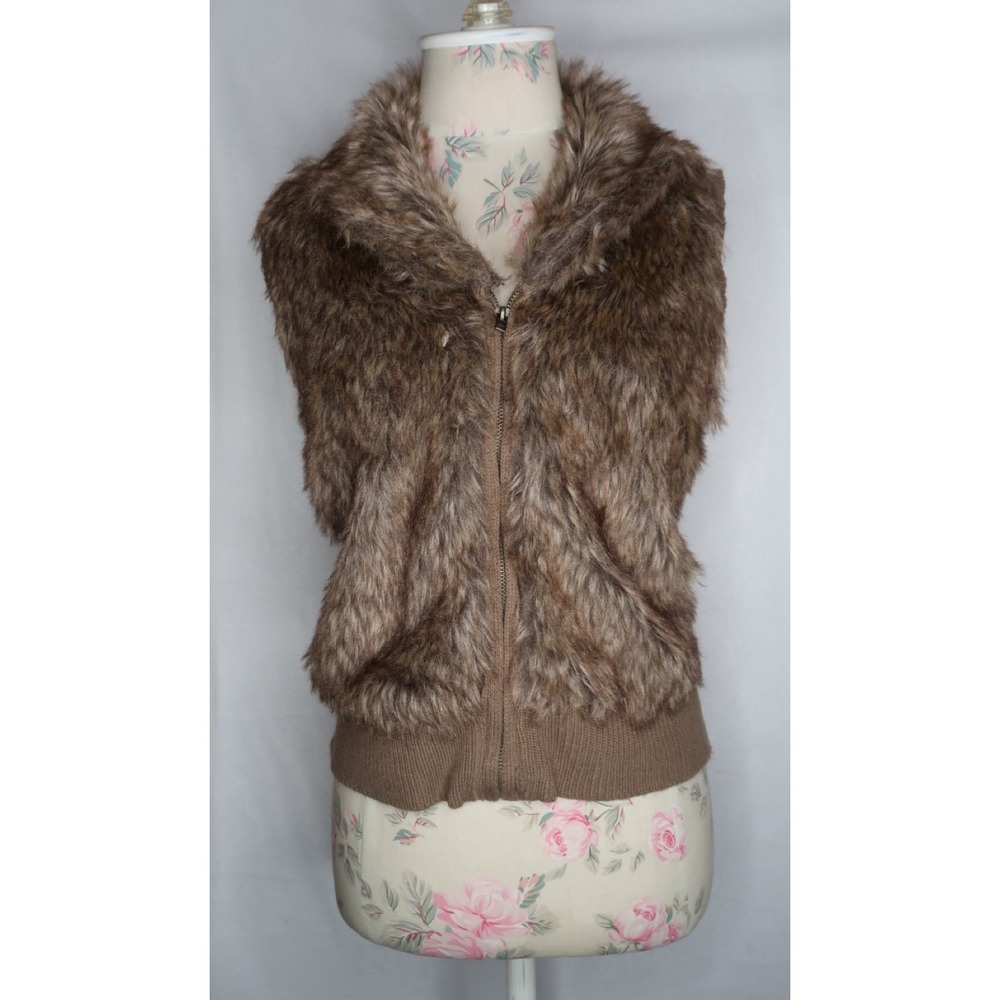 NWT Arizona Jean Co Brown Faux Fur Ribbed Knit Zip Vest Y2K Boho Women's L